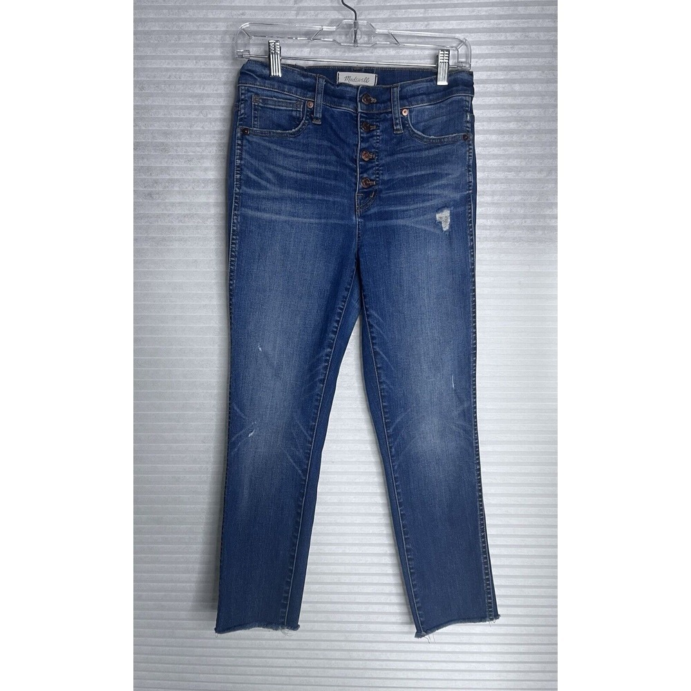 Madewell Womens Dark Jeans Size 27, 10" High Rise Skinny Raw Hem Button Fly - Picture 4 of 16